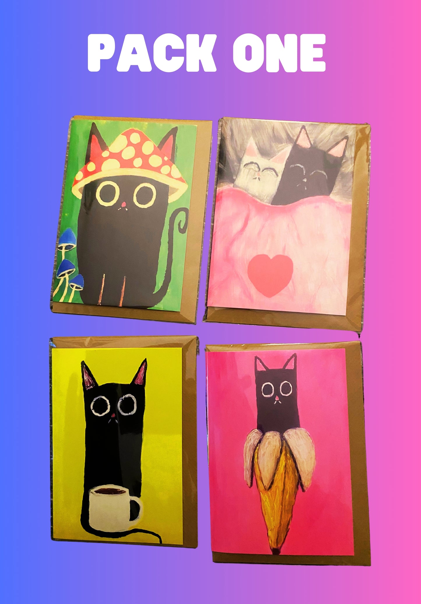 PACK ONE 4 Cute Cat Greetings Cards & Brown Craft Envelopes