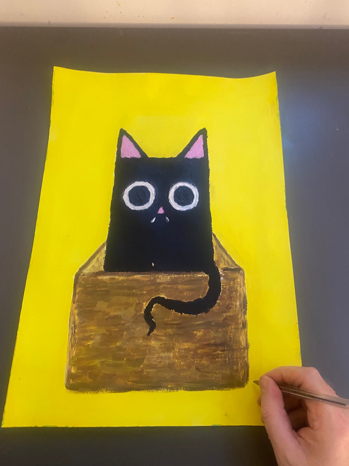 Cat In A Box, Original Acrylic Painting, Signed By The Artist