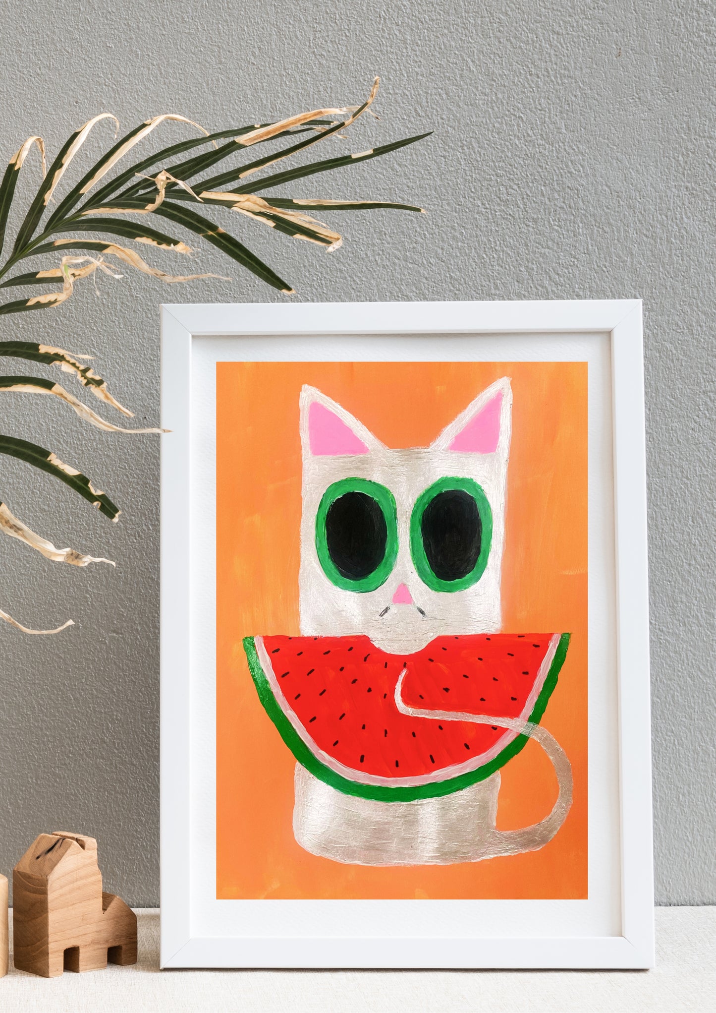 Original Signed Painting Watermelon Cat