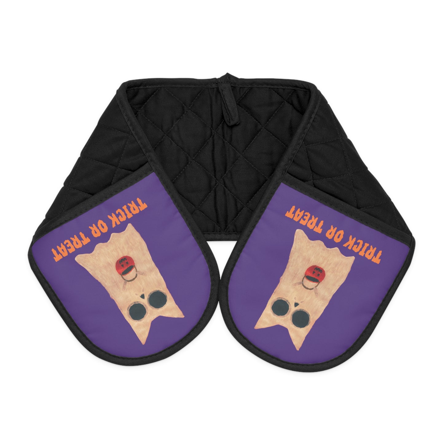 Two potholders with "Piece of Chicken" graphic and text, purple and black in color.