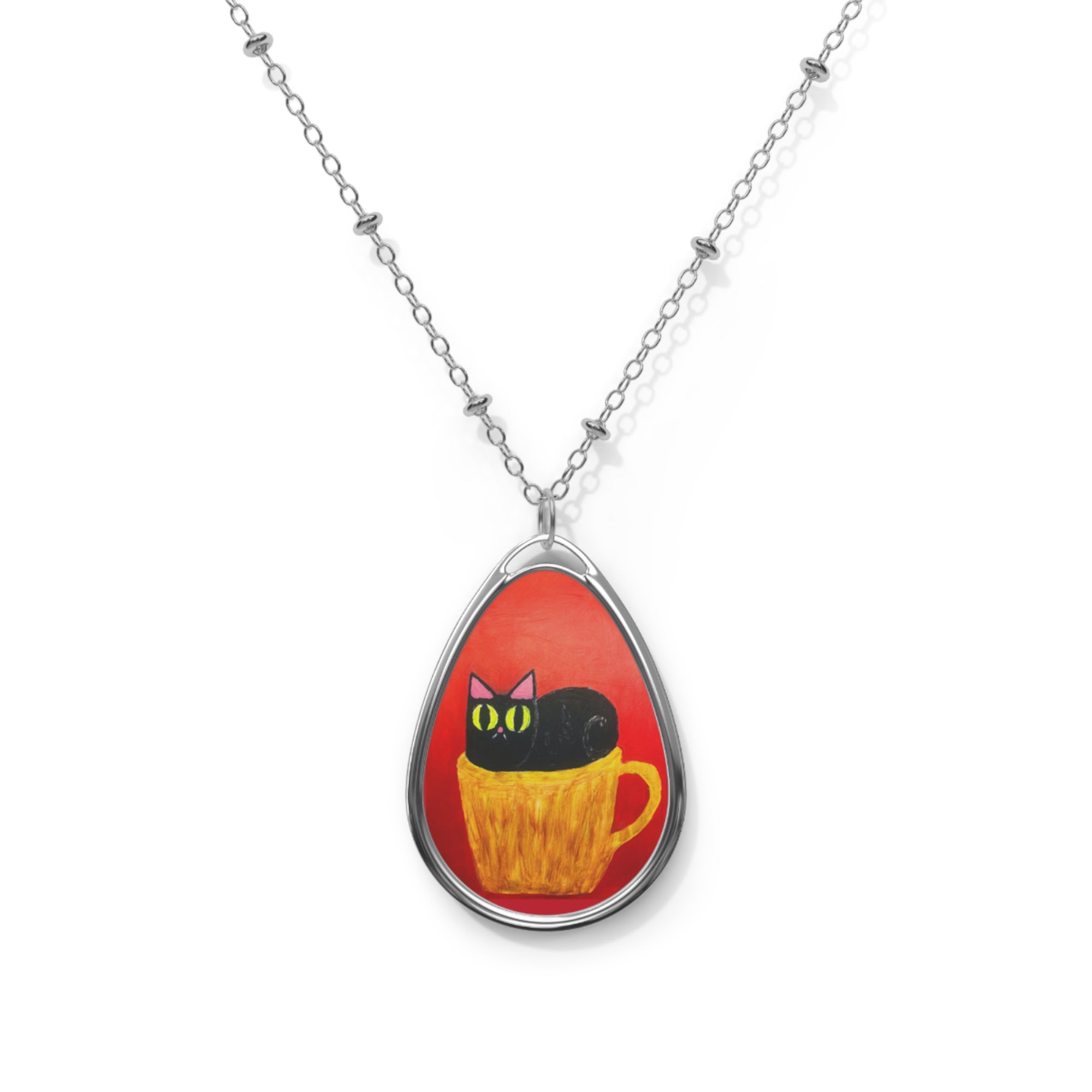 Cup of Cat Oval Necklace