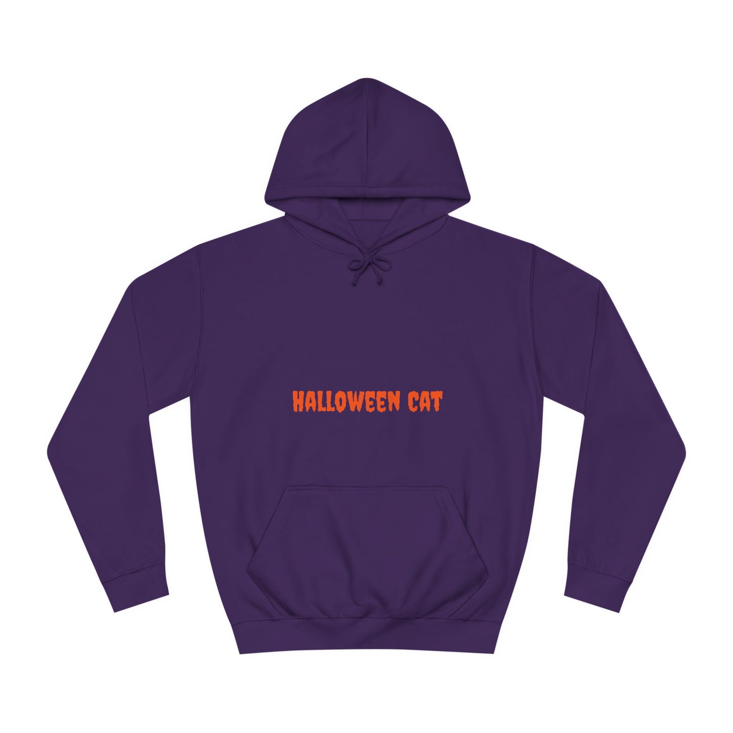 Plain purple hoodie with "HALLOWEEN CAT" text on chest in orange font.