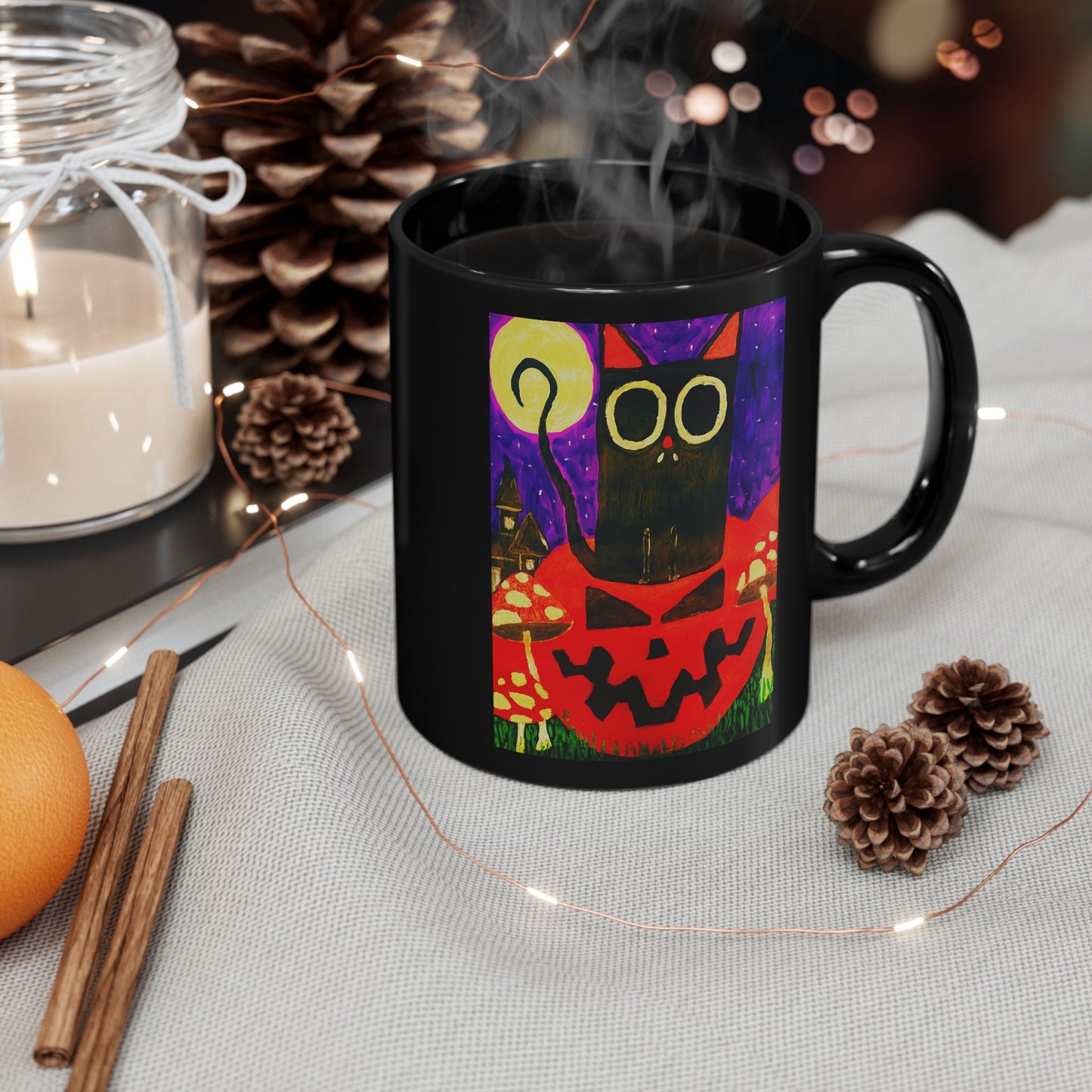 Mug Black Cat Sitting on Pumpkin Halloween