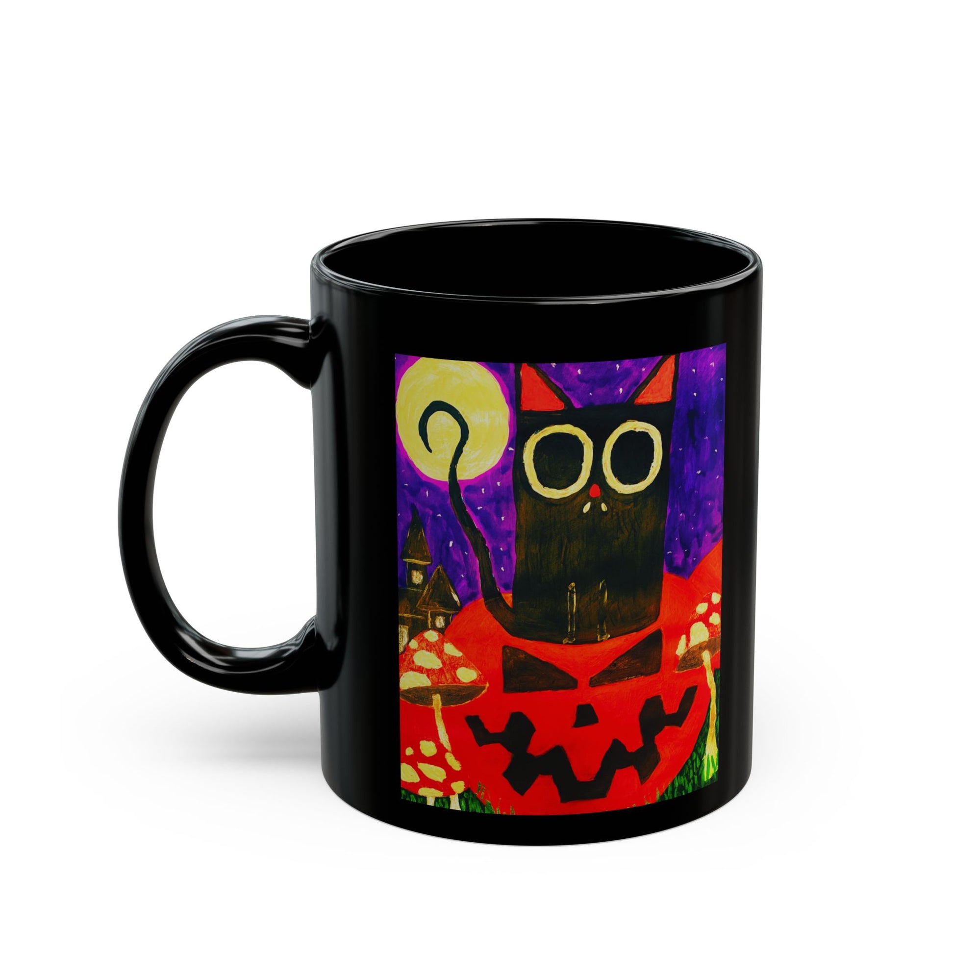 Black mug with colorful Halloween-themed artwork, featuring an owl and pumpkin design.