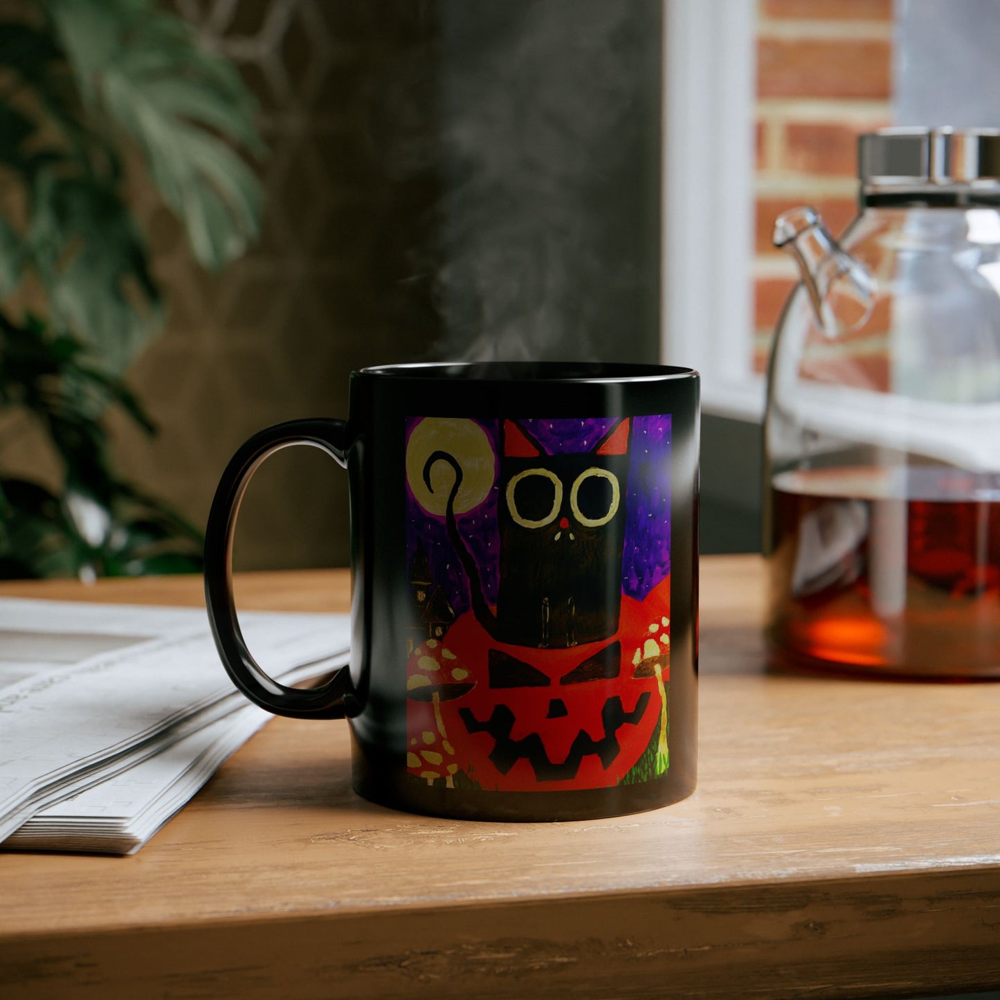 Mug Black Cat Sitting on Pumpkin Halloween