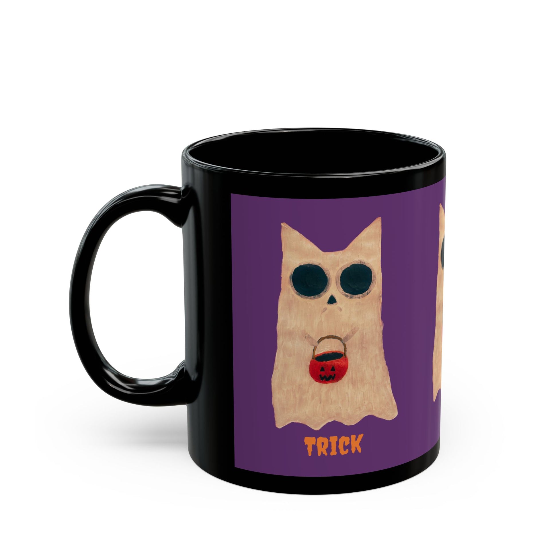 Black mug with a Halloween-themed design showing a ghost holding a pumpkin bucket, with the word "TRICK" below it, set against a purple background.