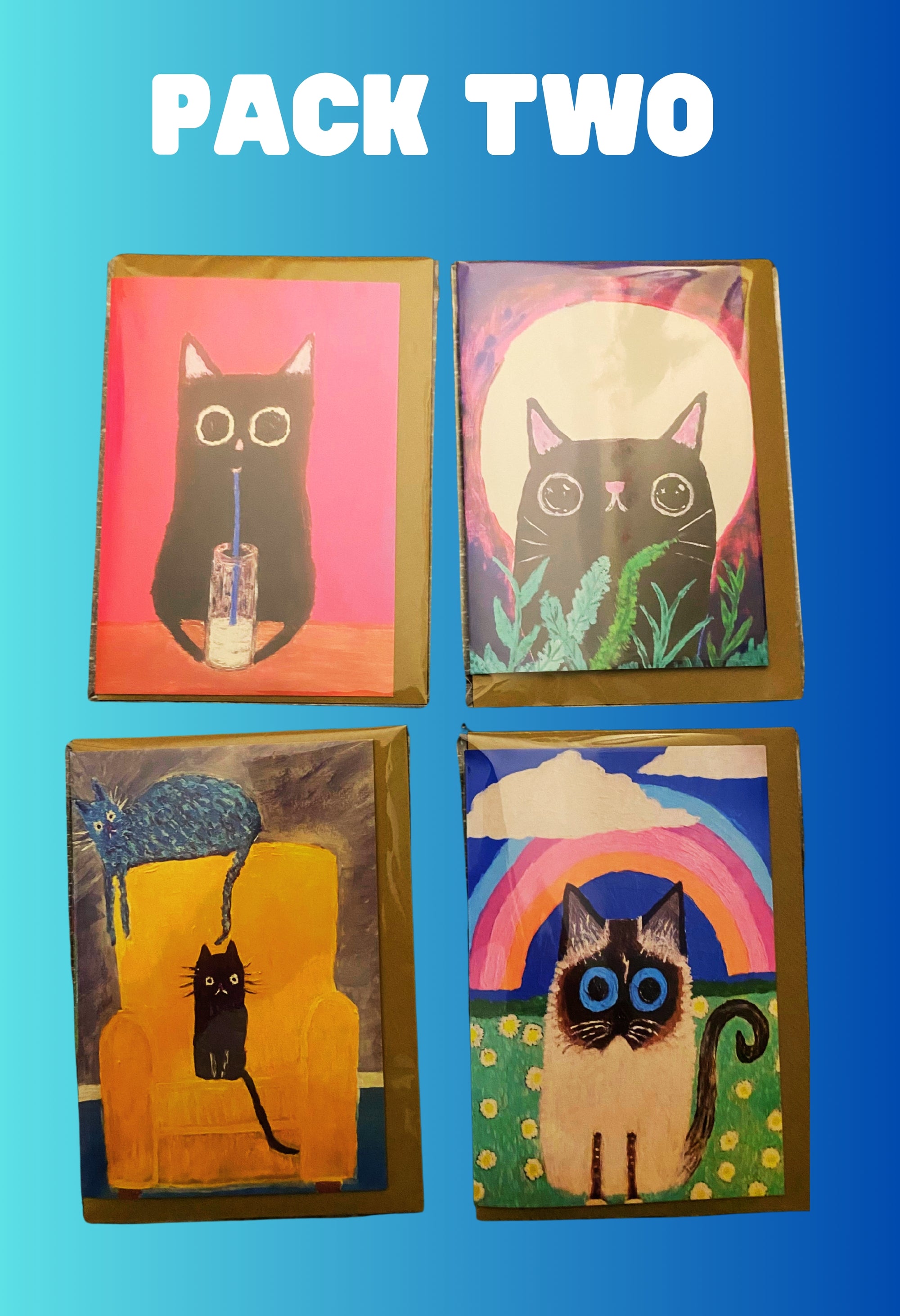 PACK TWO  4 Cute Cat Greetings Cards & Brown Craft Envelopes