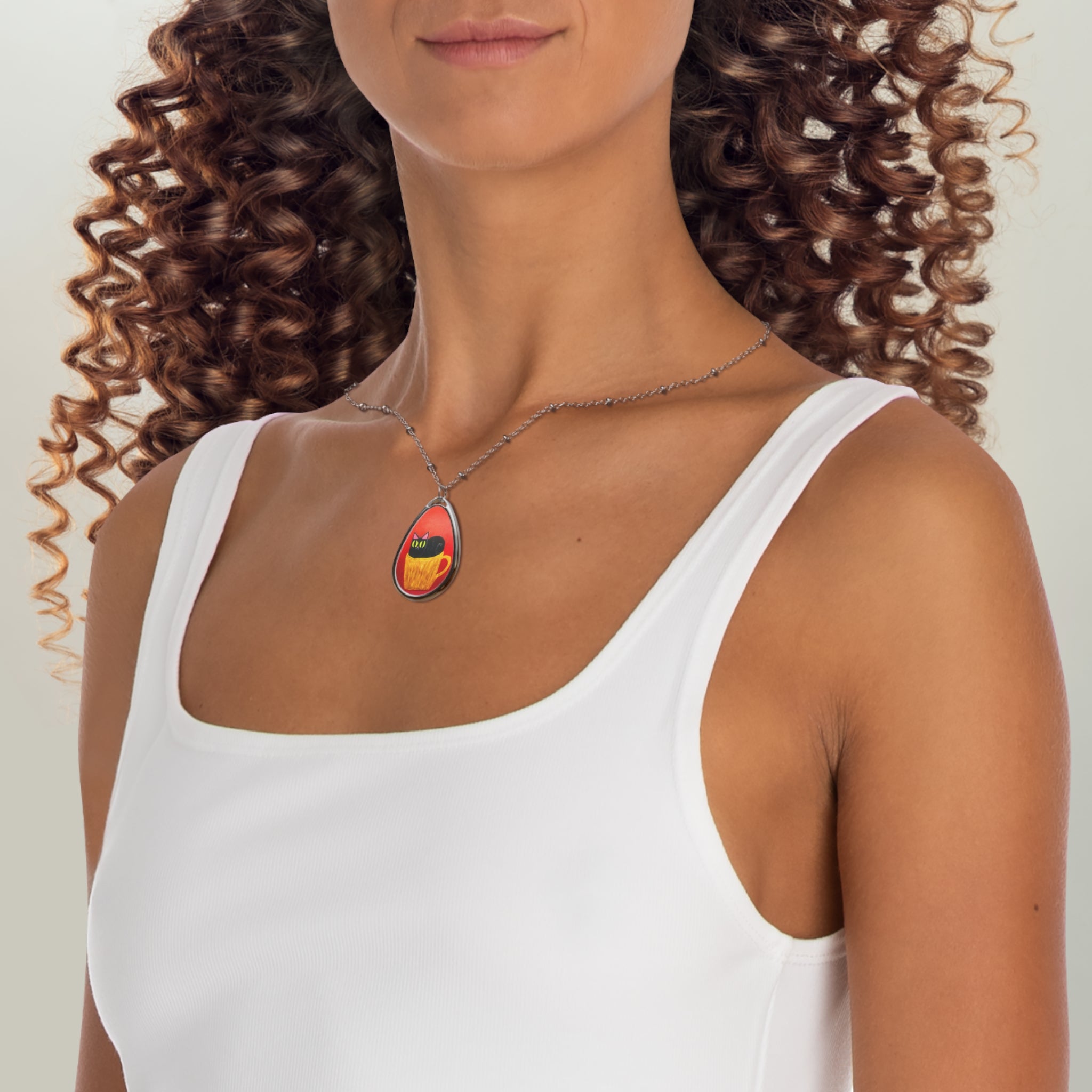 Cup of Cat Oval Necklace
