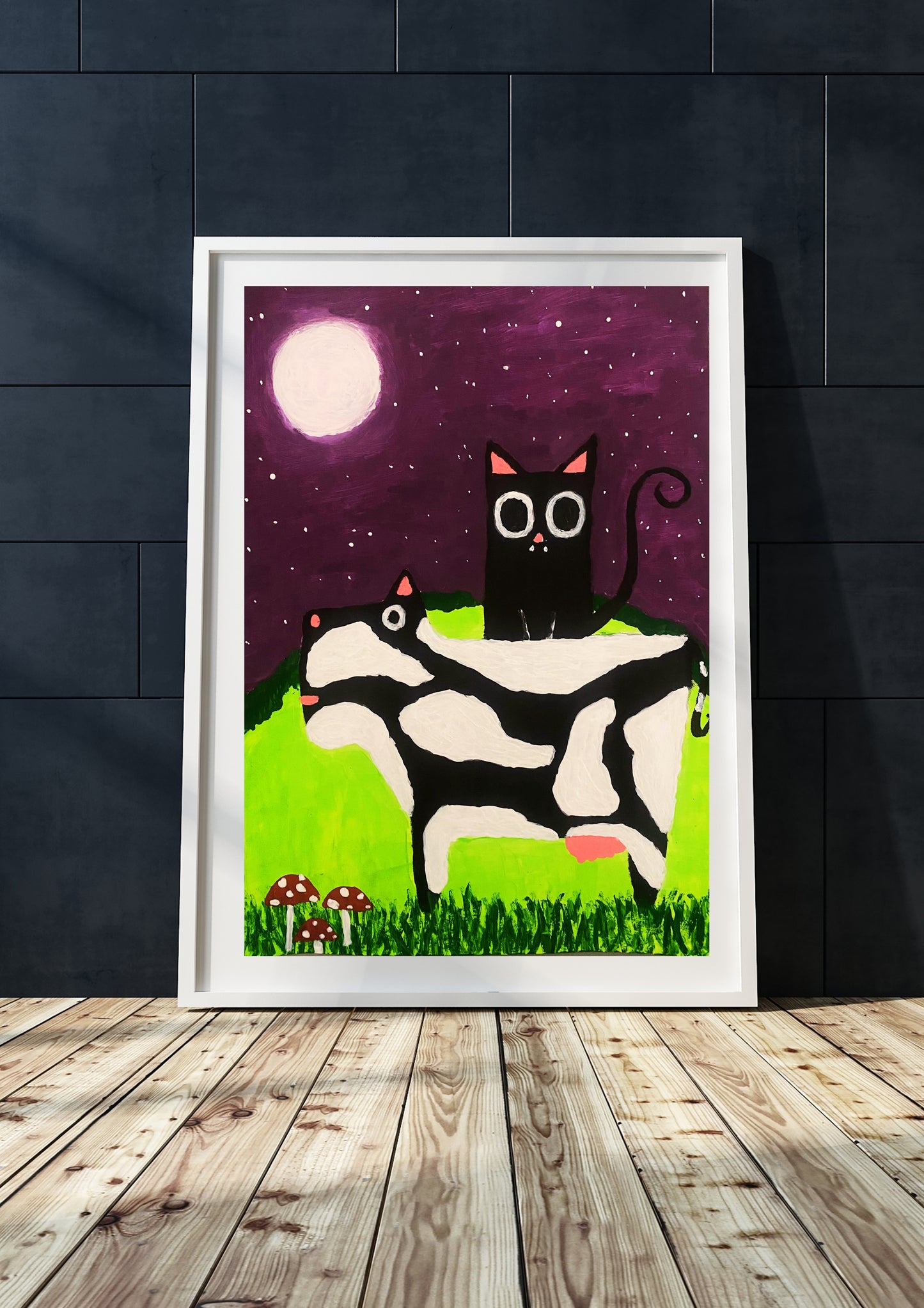 Original Signed Painting Cow and Cat Stargazing