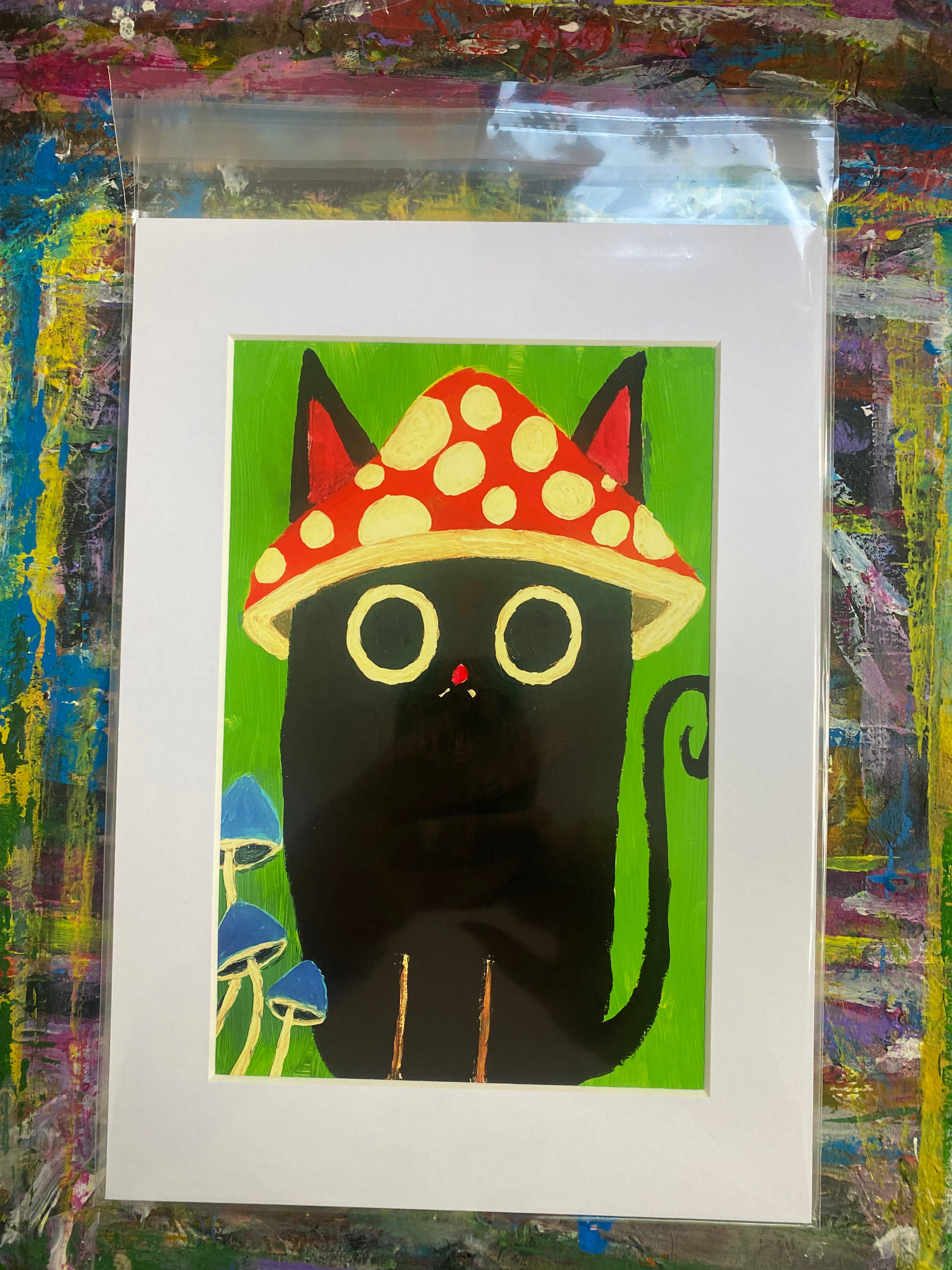 Mushroom Cat Giclee Fine Art Print, A4 Mount