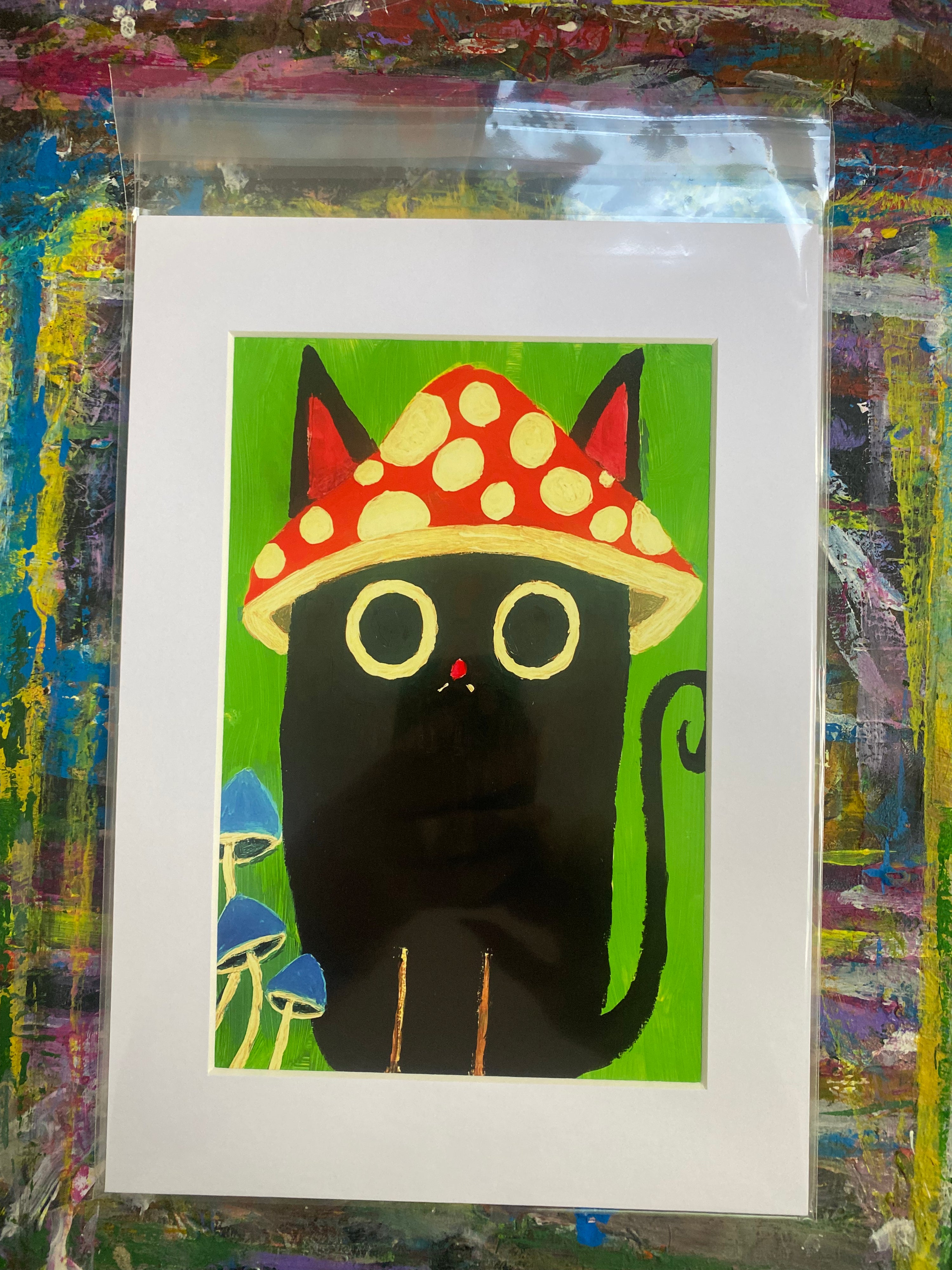 Mushroom Cat Giclee Fine Art Print, A4 Mount