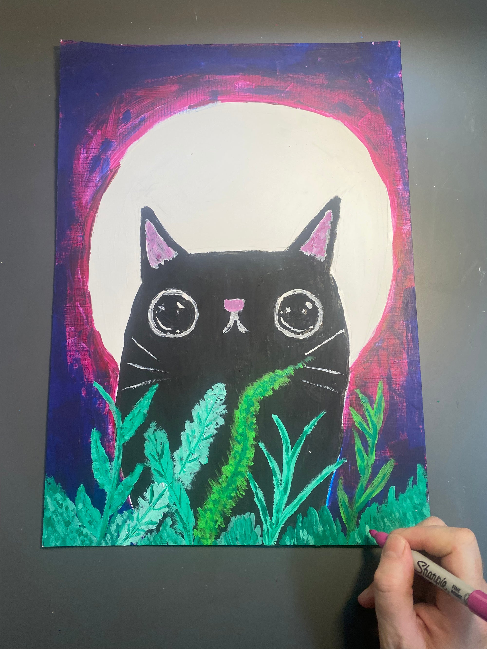 Moon Cat, Original Acrylic Painting, Signed By The Artist