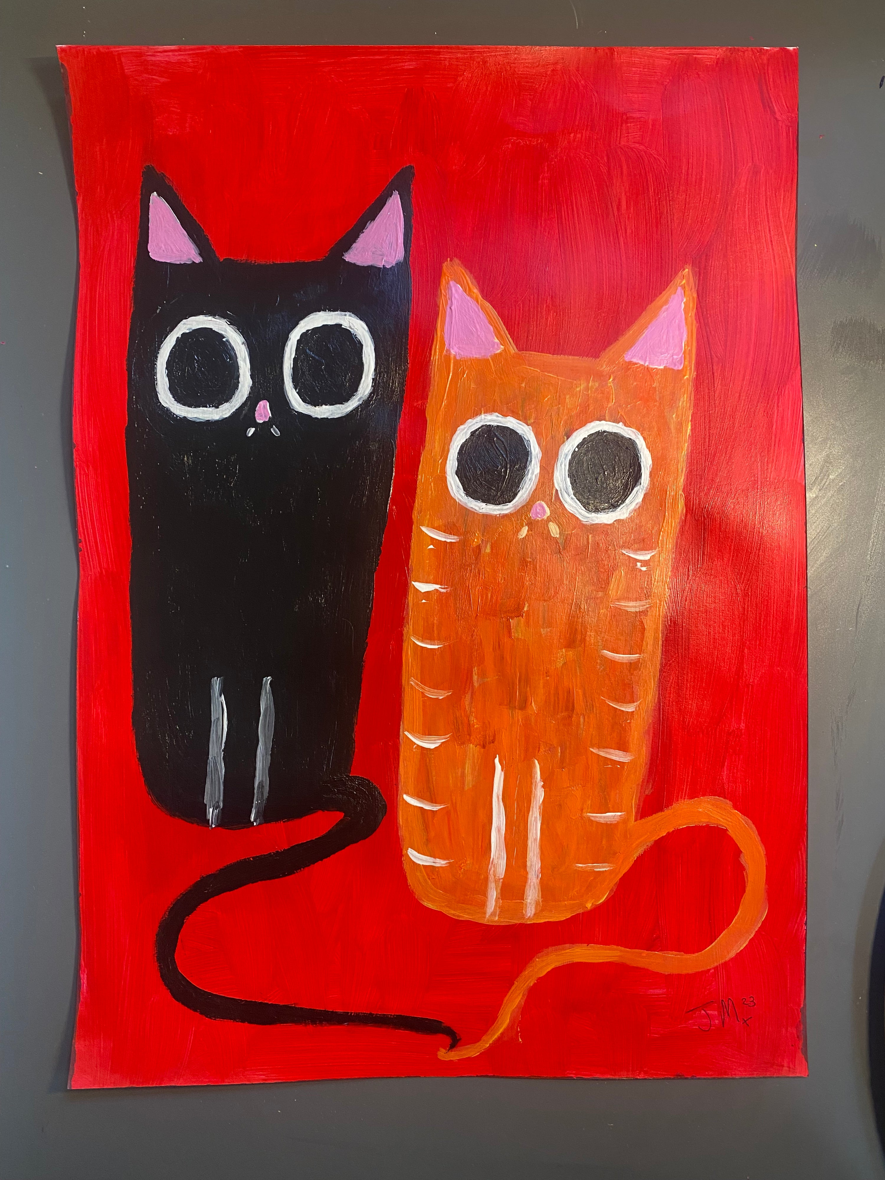 A Couple Of Cats, Original Acrylic Painting Signed By The Artist