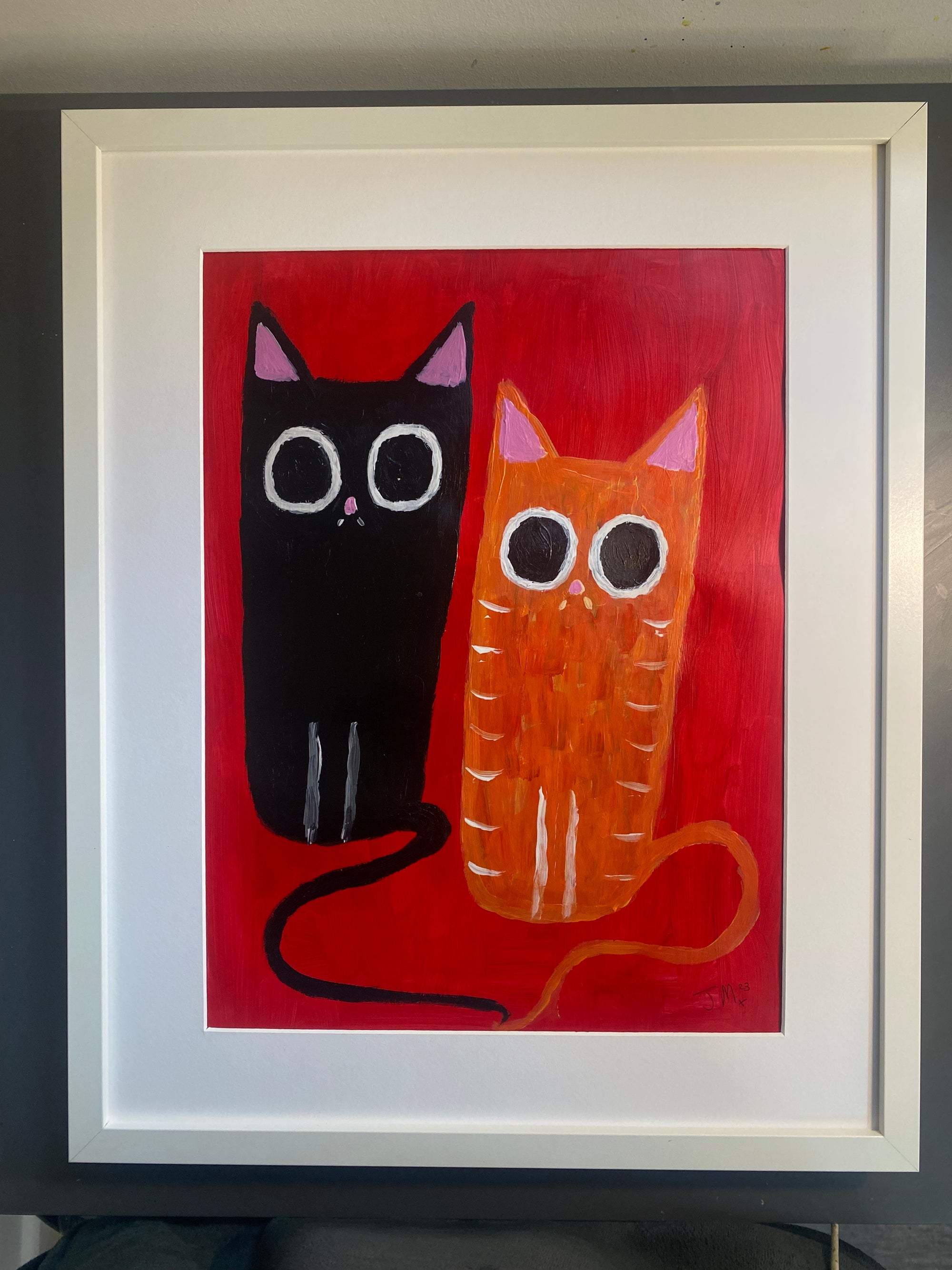 A Couple Of Cats, Original Acrylic Painting Signed By The Artist