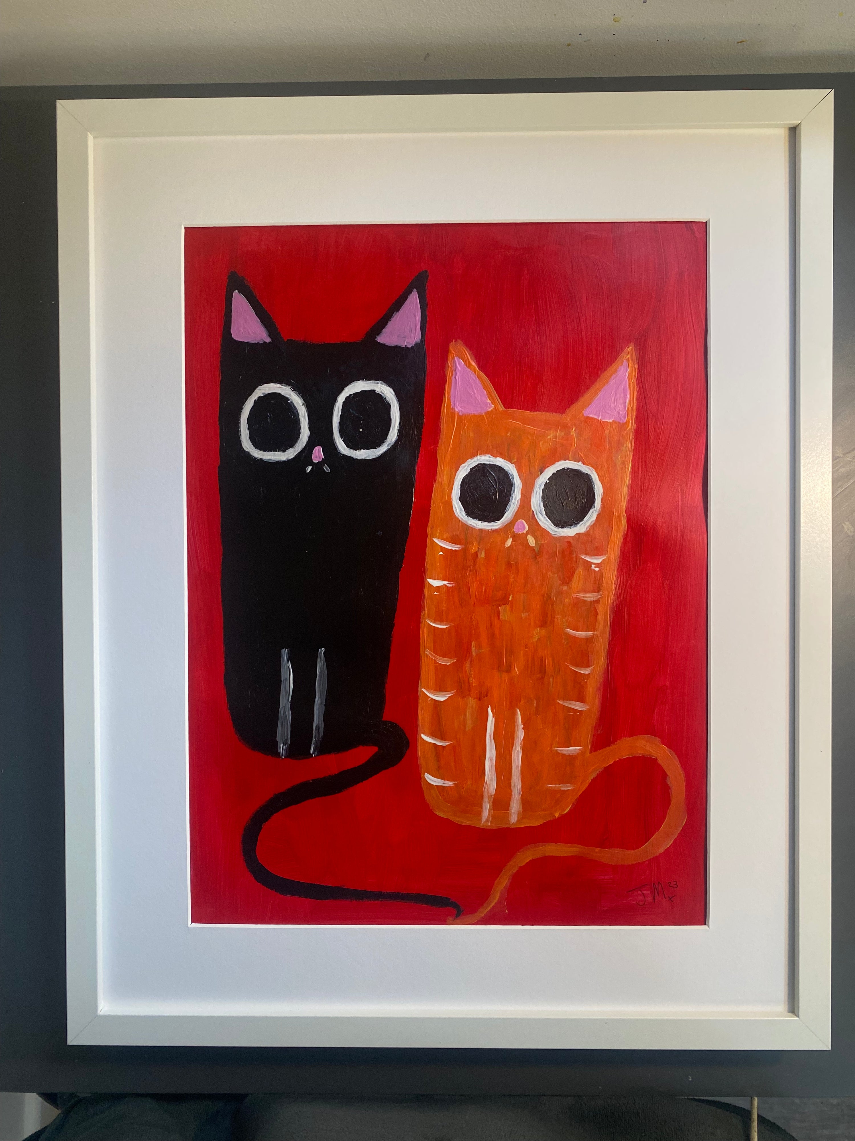 A Couple Of Cats, Original Acrylic Painting Signed By The Artist