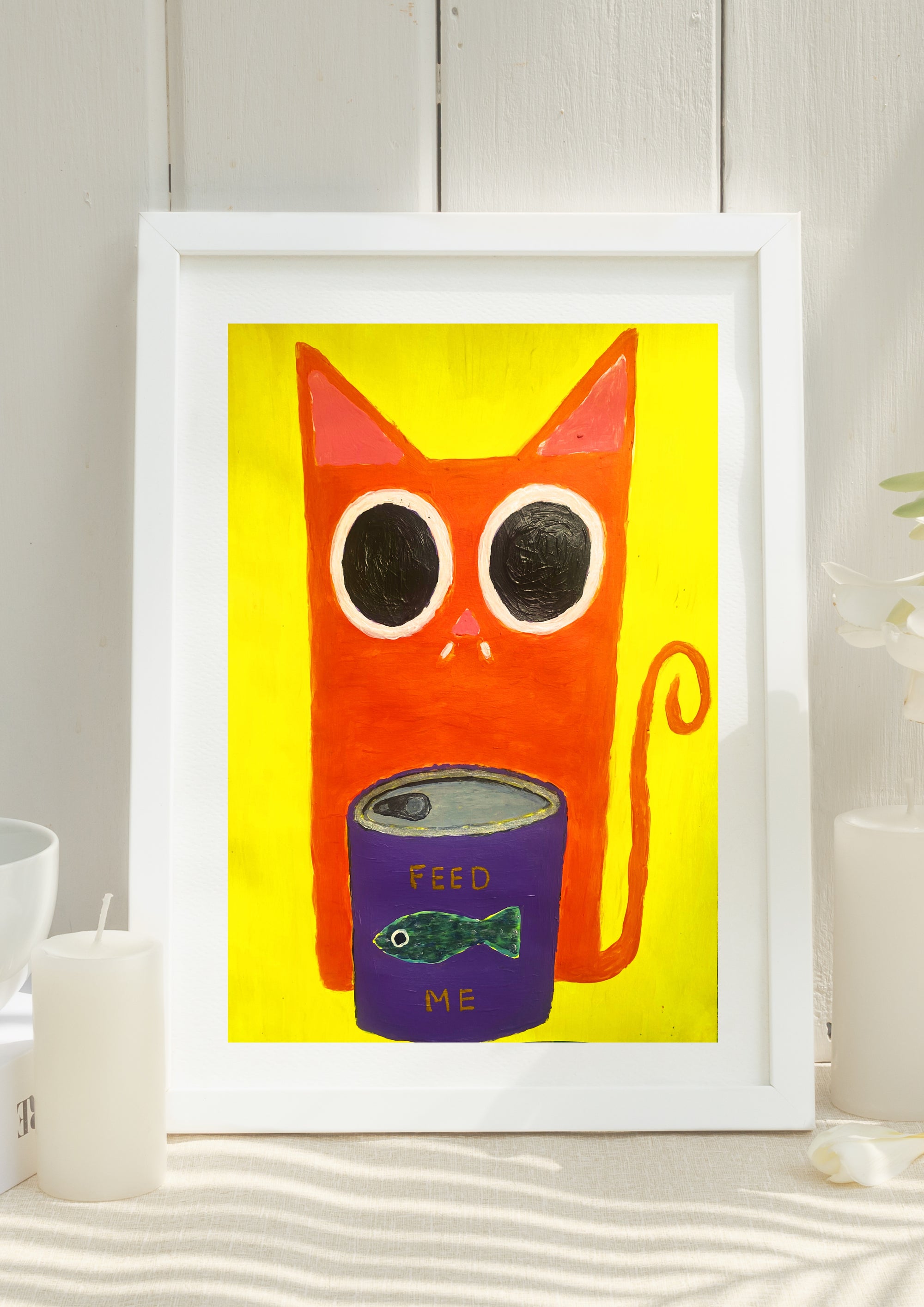 Original Signed Painting Feed Me Ginger Cat