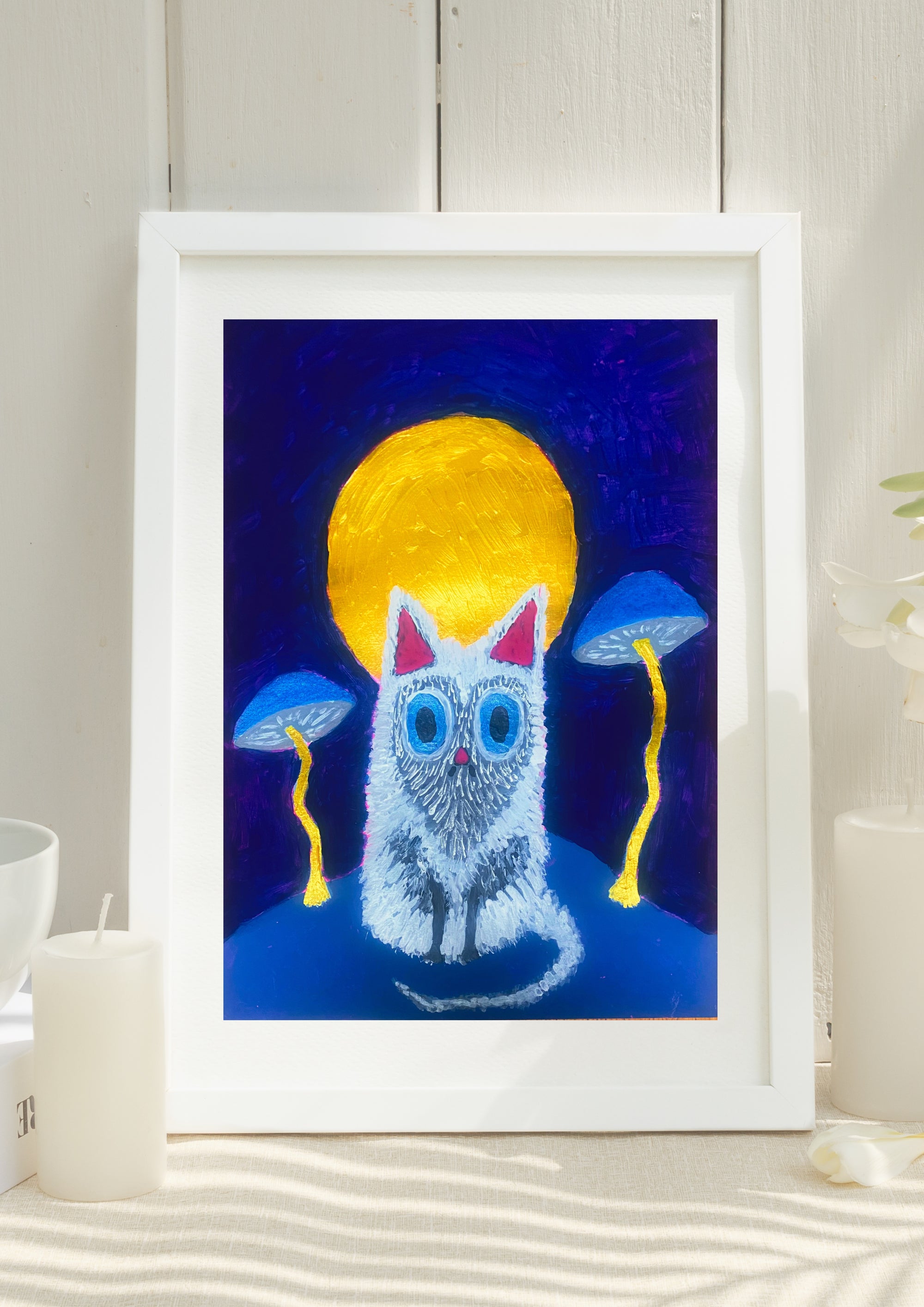 Original Signed Painting Fluffy Mushroom Cat