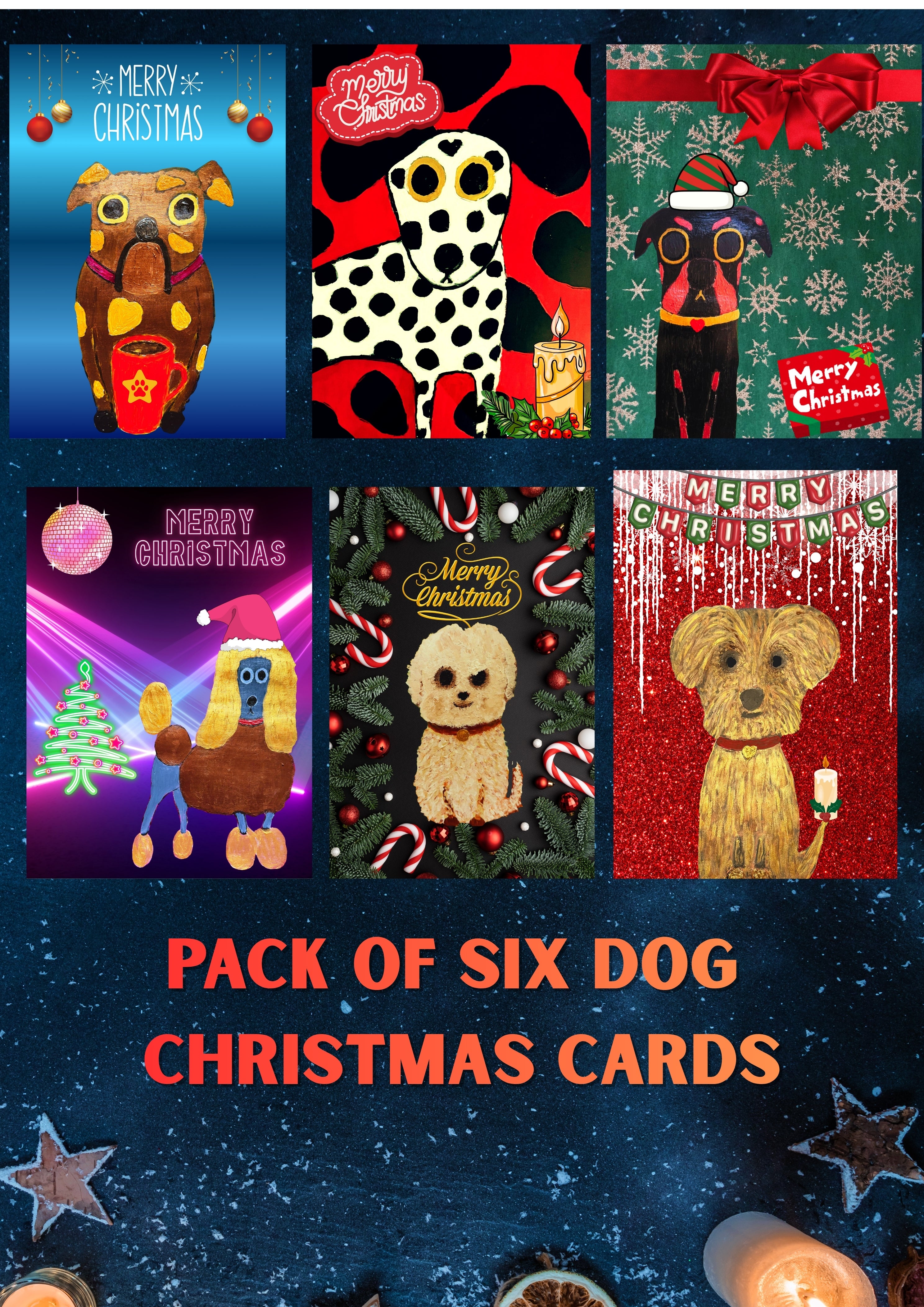 6 Cute Dog Christmas Cards & Brown Craft Envelopes